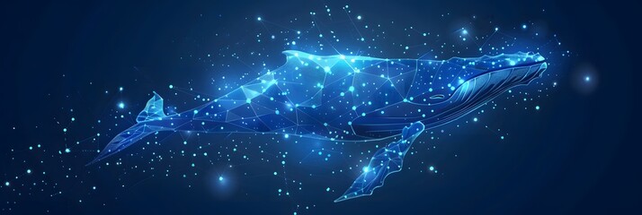 Big crypto whale with Bitcoin emblem swims in digital blue ocean, concept of big market players that own large amounts of cryptocurrency and can influence the price