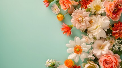 Beautiful assorted flowers on a green background, perfect for springtime and floral themes in designs or decorations.