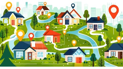 Illustrated map of a suburban neighborhood with houses, trees, and location markers, showing a diverse residential community and surroundings.