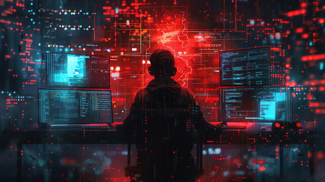 Hacker in a Red and Blue Digital World.