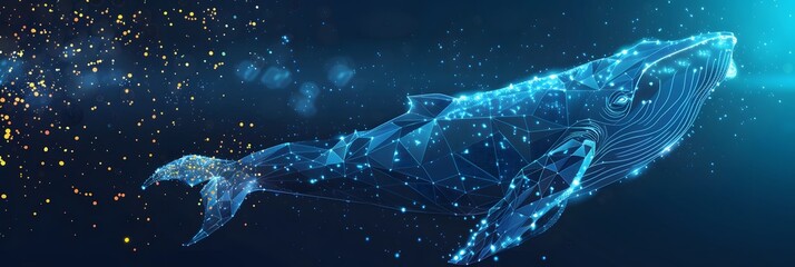 Big crypto whale with Bitcoin emblem swims in digital blue ocean, concept of big market players that own large amounts of cryptocurrency and can influence the price