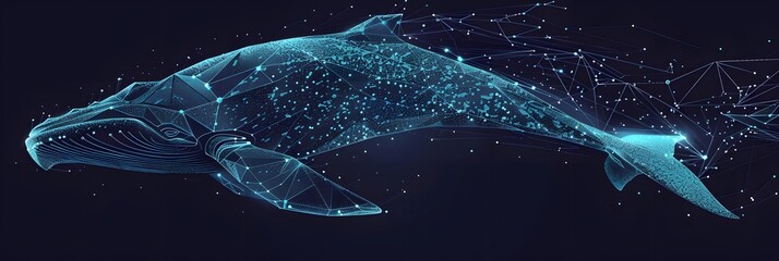 Big crypto whale with Bitcoin emblem swims in digital blue ocean, concept of big market players that own large amounts of cryptocurrency and can influence the price