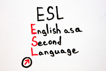 Fototapeta premium ESL English Second Language. ESL text, writing with a marker on a white board, educational concept.