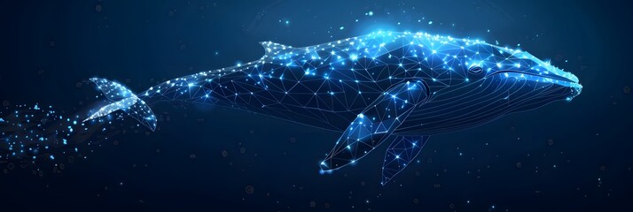 Big crypto whale with Bitcoin emblem swims in digital blue ocean, concept of big market players that own large amounts of cryptocurrency and can influence the price