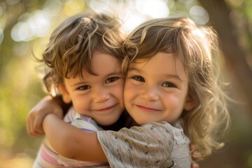 Fototapeta premium Children Girls Boys Childhood children older brothers and sisters love family together Portrait Fun Happy Joy Happy cute happy young