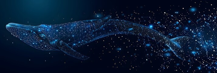 Big crypto whale with Bitcoin emblem swims in digital blue ocean, concept of big market players that own large amounts of cryptocurrency and can influence the price
