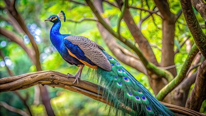 Naklejka premium Blue peacock sitting on a tree branch, detailed and graceful bird , Blue, peacock, tree, branch, beautiful, intricate