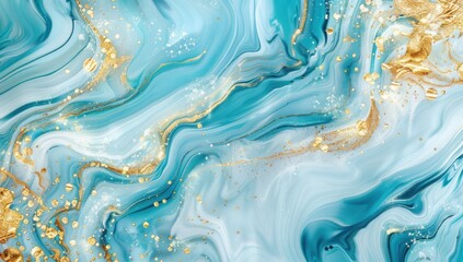 Fototapeta premium Abstract blue and gold marble background, luxury liquid art wallpaper with golden glitter, ocean waves, fluid painting, and golden splashes for design template