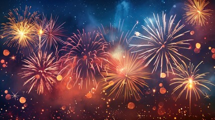 A vibrant fireworks display illuminates a summer festival evening, with colorful bursts of light over a serene cityscape and tranquil waters, surrounded by mountains and trees.