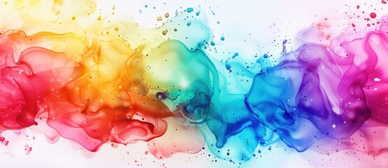 Abstract colorful watercolor background with alcohol ink effect, rainbow color clouds and splashes on white paper texture, hand drawn watercolour