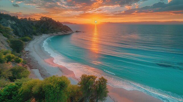 Serene Sunset Elegance at Zapallar Beach, Chile - Coastal Minimalist Paradise with Turquoise Waters and Lush Greenery