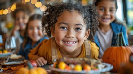 Group of children in Halloween costumes, happy expressions in a bright atmosphere, Halloween party background with a dinner table set.