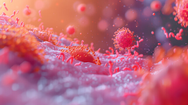 Detailed Hyper-Realistic Close-Up of Acne Breakout under Microscope, P. acnes Bacteria Multiplying with Inflamed Skin Cells and Vitamin C Molecule Combat