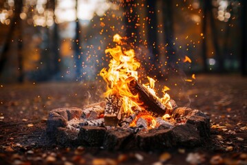 A blazing campfire in a forest setting with sparks flying, creating a warm and inviting atmosphere ideal for camping adventures.