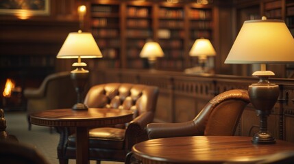 A warm and inviting library lounge with leather chairs, wooden tables, and soft lighting, perfect for reading and relaxation.