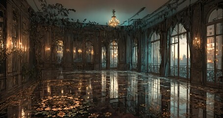 Fototapeta premium beautiful interior of palace house mansion entrance doorway with floral embellishments to balcony terrace and ballroom with tall art deco windows and art nuevo gothic design.