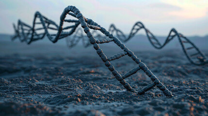 Abstract representation of DNA strands breaking apart over a polluted landscape