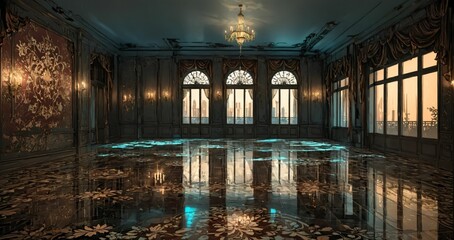 Fototapeta premium beautiful interior of mansion palace house entrance doorway with floral embellishments to balcony terrace and ballroom with tall art deco windows and art nuevo gothic design.