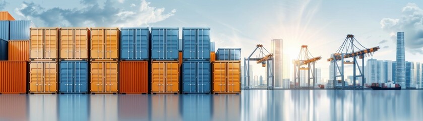 Panoramic view of a bustling shipping port with stacked cargo containers and cranes against a clear blue sky and city skyline.