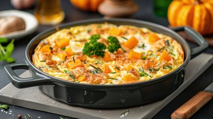 Freshly baked pumpkin frittata topped with greens, served in a rustic pan, perfect for a hearty breakfast or brunch.