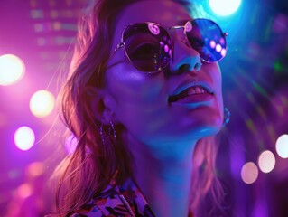 A woman wears sunglasses and stands in front of colorful lights, perfect for use in nightlife or music-related contexts