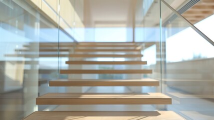 Contemporary floating wooden stairs with glass railings in a bright, minimalist interior, creating an open and airy feel.