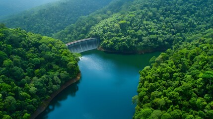 Serene Forest View: Close-Up of Lush Greenery Encircling Dam, Thriving Nature Landscape Background