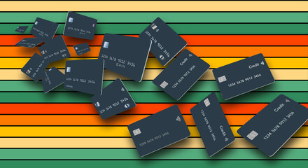 A group of credit cards are seen on a colorful background in a 3-d illustration.