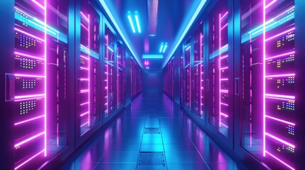 Fototapeta premium Neonlit data center hallway with long stretch of lights and technology equipment in business environment