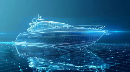 Side View of futuristic yacht blue wireframe. 3d rendered xray blue transparent boat wire frame	