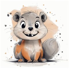 Obraz premium Cute chipmunk, lines, flat illustration, doodle, dots and circles, strokes, outline, cartoonish, front, sitting, character, white tail, large eyes with black eyelashes