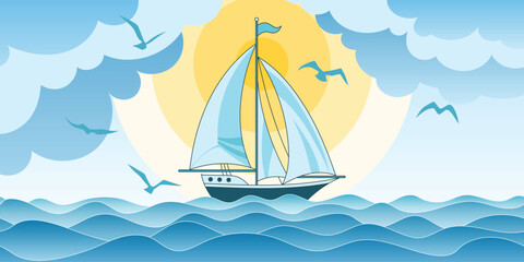 Fototapeta premium Seascape with sailing yacht, sun in the clouds, summer vacation, vector cartoon, panoramic view