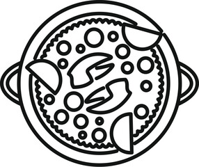 Top view illustration of a delicious seafood paella, featuring shrimp and lemon slices