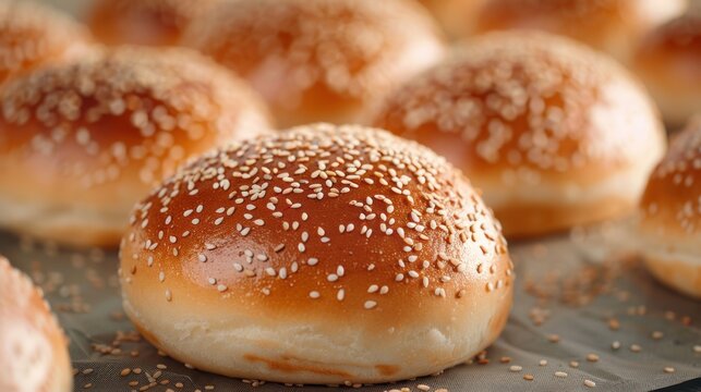 Close-up of freshly baked hamburger buns topped with sesame seeds, arranged in a soft and golden display, perfect for sandwiches.