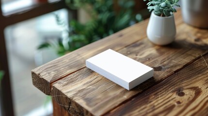 Stack of blank business cards on a rustic wooden desk with a small potted plant, ready for customization and professional use.