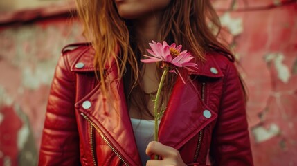 Naklejka premium A woman holds a bright pink flower while wearing a bold red leather jacket