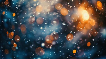Beautiful winter scene with glowing bokeh lights and delicate falling snowflakes, creating a magical holiday atmosphere.