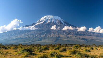 Fototapeta premium Majestic Mount Kilimanjaro in Tanzania: Snow-Capped Summit Above the Savannah Landscape