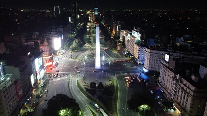 9 de Julio avenue and Buenos Aires Obelisk (Obelisco de Buenos Aires) seen from above, drone view at night - Buenos Aires, Argentina