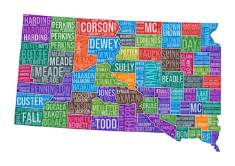 Naklejka premium South Dakota shape with a state word cloud and county division. Colored vector illustration featuring county names in a cloud format.
