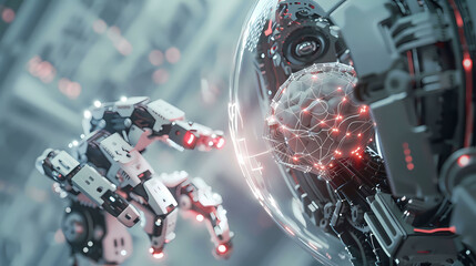 Fototapeta premium 3D Rendering of hardware concept. Glowing brain robot circuit on microchip on computer control technology.