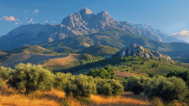 Majestic Mount Olympus: Panoramic View of Ancient Greek Mountain in Clear Blue Sky with Rolling Hills and Vineyards