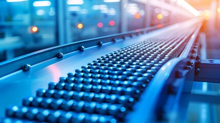 Fototapeta premium Efficiency in Motion: Close-up of a Clean Conveyor Belt Transporting Products