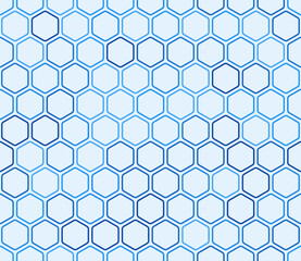 Hexagon geometric shapes background. Bold rounded hexagons mosaic pattern. Blue color tones. Hexagonal shapes. Seamless pattern. Tileable vector illustration.