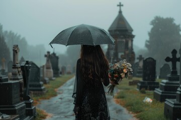 Solitary journey woman with umbrella walking through rainy cemetery holding flowers in hand