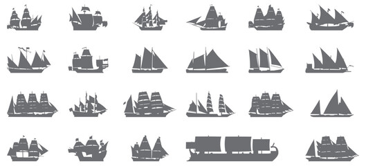 Ancient sailing boat icon mega bundle. Historical wooden boat silhouette mega collection