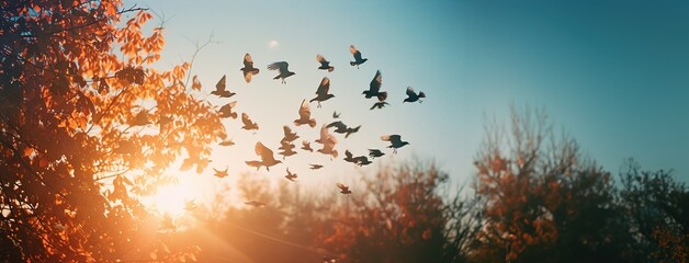 Serene Autumn Morning: Cinematic Documentary Shot of Flock of Birds Flying in Soft Light