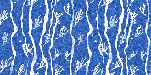 Whimsical seaweed kelp coastal electric blue beach pattern. Batik screen block print cloth effect. Playful kelp coral tropical summer background. Modern scandi underwater plant seamless design.