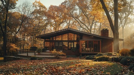 Naklejka premium Innovative Eco-Friendly Home: Cinematic Ode to Suburban Living in Autumn Morning Light