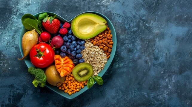 A vibrant photo showcasing a heart shaped bowl filled with nutritious diet foods, including fresh fruits, vegetables, and whole grains, promoting heart health and cardiovascular wellness. 